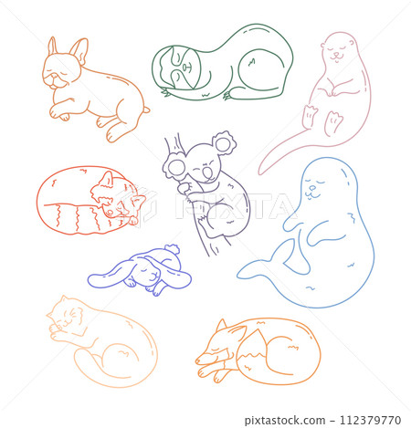 Set of cute hand drawn different sleeping animals outlines. Doodle sleepy cat, otter, seal, koala, French bulldog, rabbit, fox, red panda and sloth animal. Vector illustration 112379770