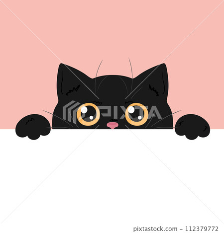 Cute black peeking cat. Curious cat with big yellow eyes is looking out of the table. Empty space for text. Vector illustration Cute black peeking cat. Curious cat with big yellow eyes is looking out of the table. Empty space for text. Vector illustration 112379772