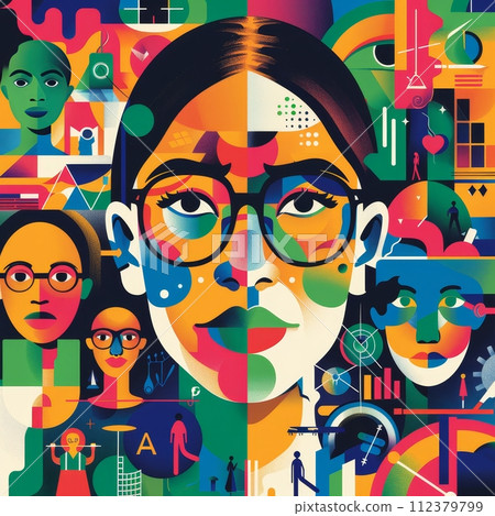 AI-generated content. Celebrating women's achievements in various fields. bright ornament with women's faces. Geometric pattern with a female portrait 112379799