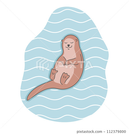 Hand drawn cute otter sleeping on water. Cartoon sleepy otter character. Vector illustration Hand drawn cute otter sleeping on water. Cartoon sleepy otter character. Vector illustration 112379800