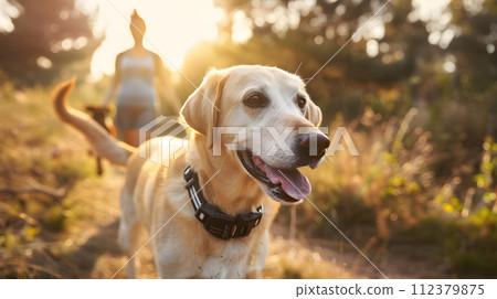 Golden retriever dog sitting happily in the park, GPS trackers ensure pets 112379875