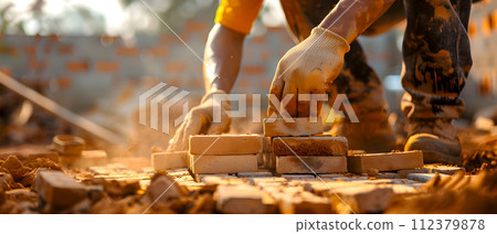 Close-up view of a construction worker laying bricks 112379878