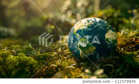 globe on the grass, representing the harmony between nature and our global environment 112379926