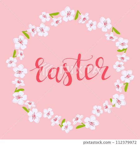 Easter calligraphic card with floral wreath. Cherry blossom isolated on pink background. Modern Easer concept in pastel colors. Easter spring concept 112379972