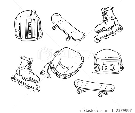 Retro 90s street style items in sketchy technique. Vector contour doodle drawings isolated on white background. Retro concept. Ideal for coloring pages, tattoo, pattern Retro 90s street style items in sketchy technique. Vector contour doodle drawings isolated on white background. Retro concept. Ideal for coloring pages, tattoo, pattern 112379997