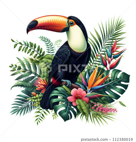 Toucan bird with tropical plants and flowers 112380019
