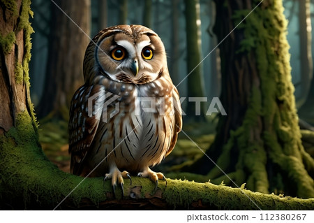beautiful owl sitting on a branch of an old tree with open eyes 112380267