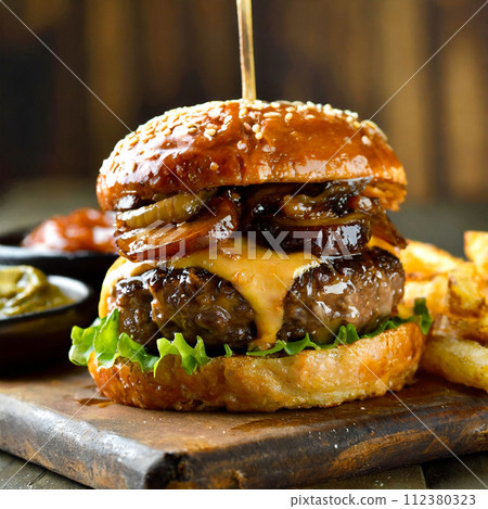American cheese hamburger on a wooden board American cheese hamburger on a wooden board 112380323