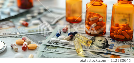 Pills and capsules on the background of dollar bills. Concept for expensive medicine. Pills and capsules on the background of dollar bills. Concept for expensive medicine. 112380645