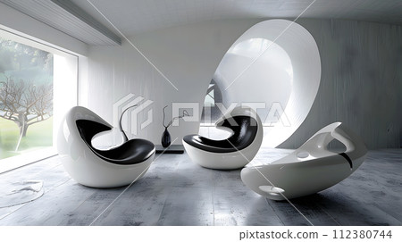 Modern white and black armchairs in the living room. 112380744