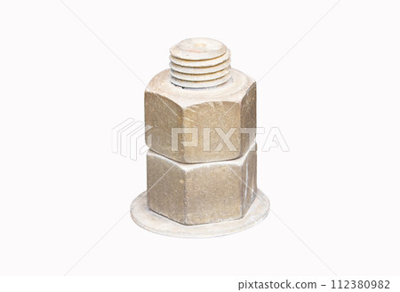 Old Metal male square nut screw nail heads stacked isolated on white background. Bolts and screws. To attach structure of wall to be strong for house or various industrial.	 112380982