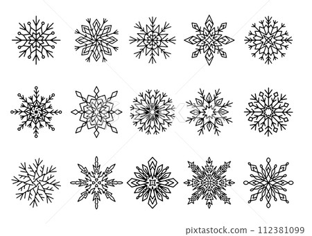 Simple Outline Snowflake Signs Set. Doodle Snowflake Icons Collection. Simple Outline Snowflake Signs Set. Doodle Snowflake Icons Collection. 112381099