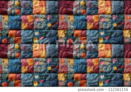 seamless textile background, colorful patchwork quilt made from pieces of fabric 112381158