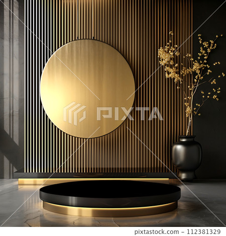 Podium in black and gold shades of color Podium in black and gold shades of color 112381329