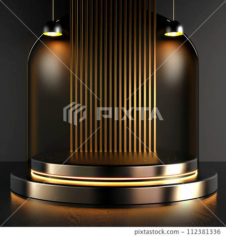 Podium in black and gold shades of color 112381336