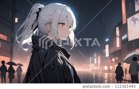 A girl with white hair getting hit by the rain in the downtown area of a rainy city A girl with white hair getting hit by the rain in the downtown area of a rainy city 112381493