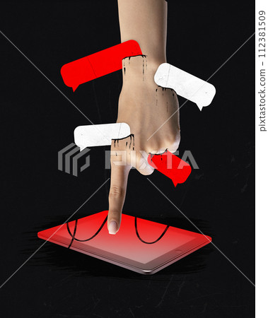 Modern aesthetic artwork. Broken hand with chat bubbles wrapped around wrist pressing on red tablet. Modern aesthetic artwork. Broken hand with chat bubbles wrapped around wrist pressing on red tablet. 112381509