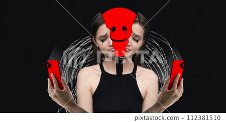 Modern aesthetic artwork. Woman with two red smartphones, split sad reflection with red smile head against white swirls. Dark PR. Modern aesthetic artwork. Woman with two red smartphones, split sad reflection with red smile head against white swirls. Dark PR. 112381510