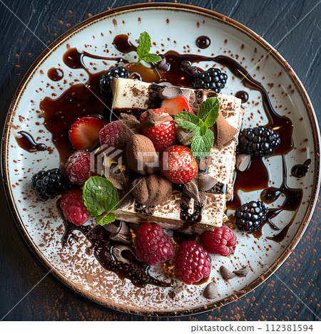 AI-generated content. A white plate featuring a decadent dessert topped with a mix of fresh berries like strawberries and boysenberries, showcasing a colorful and appetizing display of natural foods AI-generated content. A white plate featuring a decadent dessert topped with a mix of fresh berries like strawberries and boysenberries, showcasing a colorful and appetizing display of natural foods 112381594