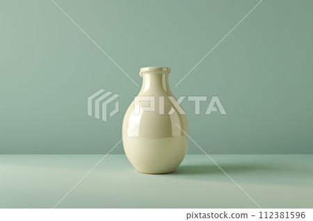AI-generated content. An elegant white vase is displayed on a vibrant green table, showcasing a beautiful combination of tableware and art 112381596