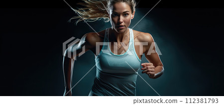 AI-generated content. focused determinded beautiful sporty woman running in light sportswear on black background 112381793