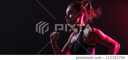 AI-generated content. focused determinded beautiful sporty woman running in light sportswear on black background 112381794