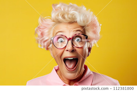 AI-generated content. Funny elderly woman with silly expression makes gestures, happily and feels proud of her success, smiles gladfully AI-generated content. Funny elderly woman with silly expression makes gestures, happily and feels proud of her success, smiles gladfully 112381800