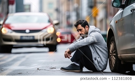 AI-generated content. depressed man sitting on the road next to crushed car in the city street, car insurance concept 112381808