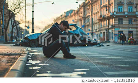 AI-generated content. depressed man sitting on the road next to crushed car in the city street, car insurance concept 112381810