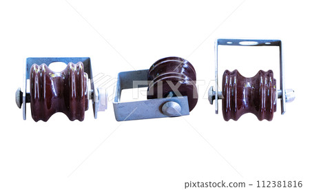 Old brown strength Electrical Porcelain Insulator 3 type in nature light. and this is post type insulators. Which is electrical insulator made from glazed tiles or glass. Isolated on white background. 112381816