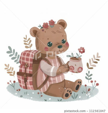 AI-generated content. A cute baby bear enjoys a picnic in the garden 112381847