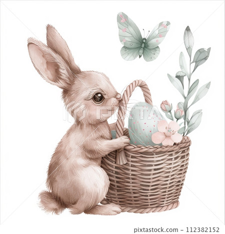 AI-generated content. The Easter Rabbit in his basket and Easter eggs with flowers and a butterfly. 112382152