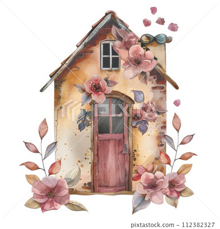 AI-generated content. A watercolor illustration of a flower and a fairy house 112382327