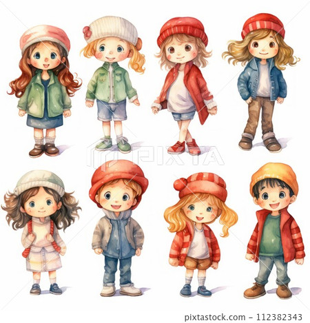 Set of cute child with gift for birthday, Christmas, New Year Created with Generative AI technology. 112382343
