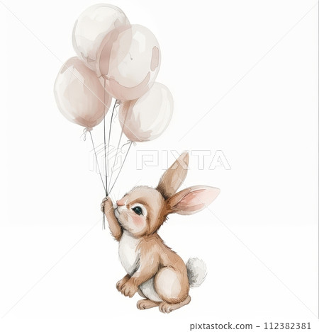 AI-generated content. Cute rabbit and balloon illustration set in watercolor 112382381