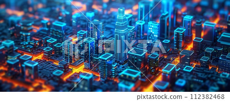 Architectural blueprints of isometric buildings in a futuristic cityscape, emphasizing advanced technology. 112382468