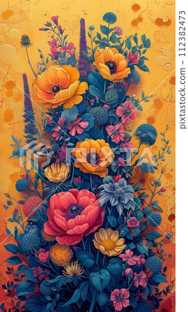 Botanical drawings reimagined in a surreal context, with vibrant flora and fantasy creatures intermingled. 112382473