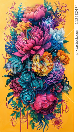 Surreal botanical illustrations blend vibrant hues with whimsical creatures amidst lush flora. 112382474