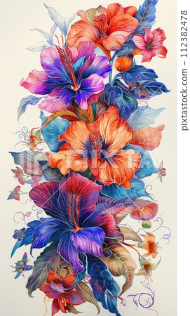 Botanical drawings with a surreal twist, incorporating vibrant colors and fantasy creatures among the flora. Botanical drawings with a surreal twist, incorporating vibrant colors and fantasy creatures among the flora. 112382478