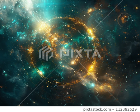 Capturing the ethereal beauty of the cosmos through celestial bodies and mystical symbols in digital art style. Capturing the ethereal beauty of the cosmos through celestial bodies and mystical symbols in digital art style. 112382529