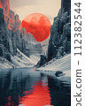 Digital art displaying desert vistas and mountains, featuring minimalistic designs and abstract elements. 112382544