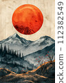 Digital art of desert vistas and mountain scenery, showcasing minimalistic designs with abstract elements. 112382549