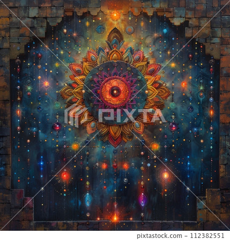 Celestial bodies, mystical symbols, and vibrant neon colors infuse digital mandalas with cosmic energy. Celestial bodies, mystical symbols, and vibrant neon colors infuse digital mandalas with cosmic energy. 112382551