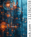 Architectural blueprints of futuristic technology and cyberpunk cityscapes, with a touch of retro futurism. 112382558