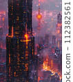Futuristic tech and cyberpunk cityscapes in architectural blueprints, with a retro futurism twist. 112382561