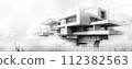Architectural blueprints of imaginary futuristic buildings, incorporating green technology and cyberpunk aesthetics. 112382563
