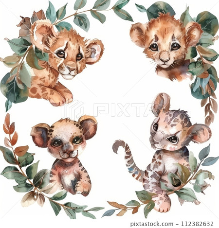 AI-generated content. This template features an illustration of a safari animal in watercolor 112382632