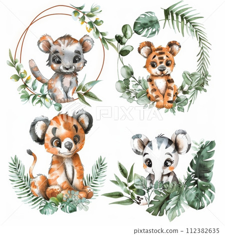 AI-generated content. Template for watercolor illustration safari animals. 112382635