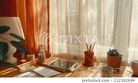 AI-generated content. Young smiling professional businesswoman using mobile technology using smartphone at her desk checking cell phone while sitting at home or at the office. 112382694