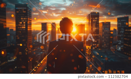 AI-generated content. Indian businessman standing in big city modern skyscrapers street on sunset dreaming of successful future. 112382704